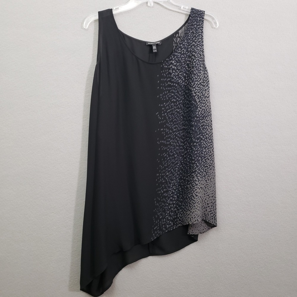 Eileen Fisher Womens XL Tank Top Black Gray Silk Asymmetrical Animal Print Tunic